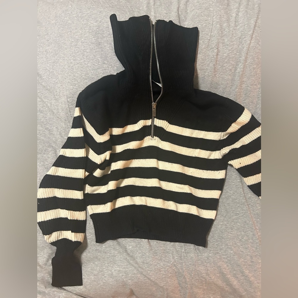 Zara Black and Cream Striped Turtleneck Sweater
